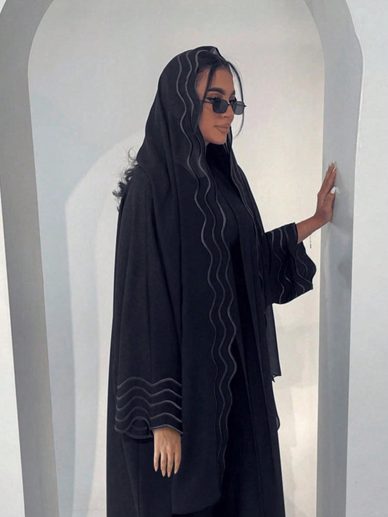Hafizah Simple Line Embroidered Long Commuter Cardigan Set, Flowy Outerwear + Headscarf Two-Piece Set, Daily Commute Elegant Women's Clothing