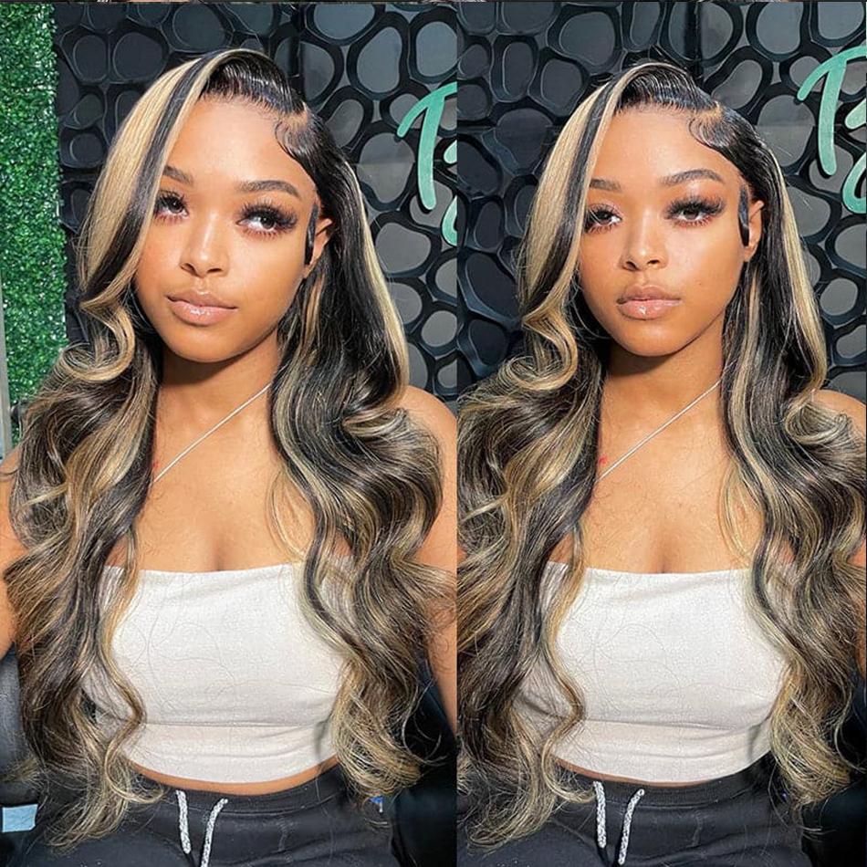 13x6 P1B/27 Highlight Blonde Body Wave Lace Front Wigs Black Blonde Highlight Human Hair Honey Blonde Colored 13x4 Lace Frontal Glueless Wigs Human Hair Pre Plucked with Baby Hair