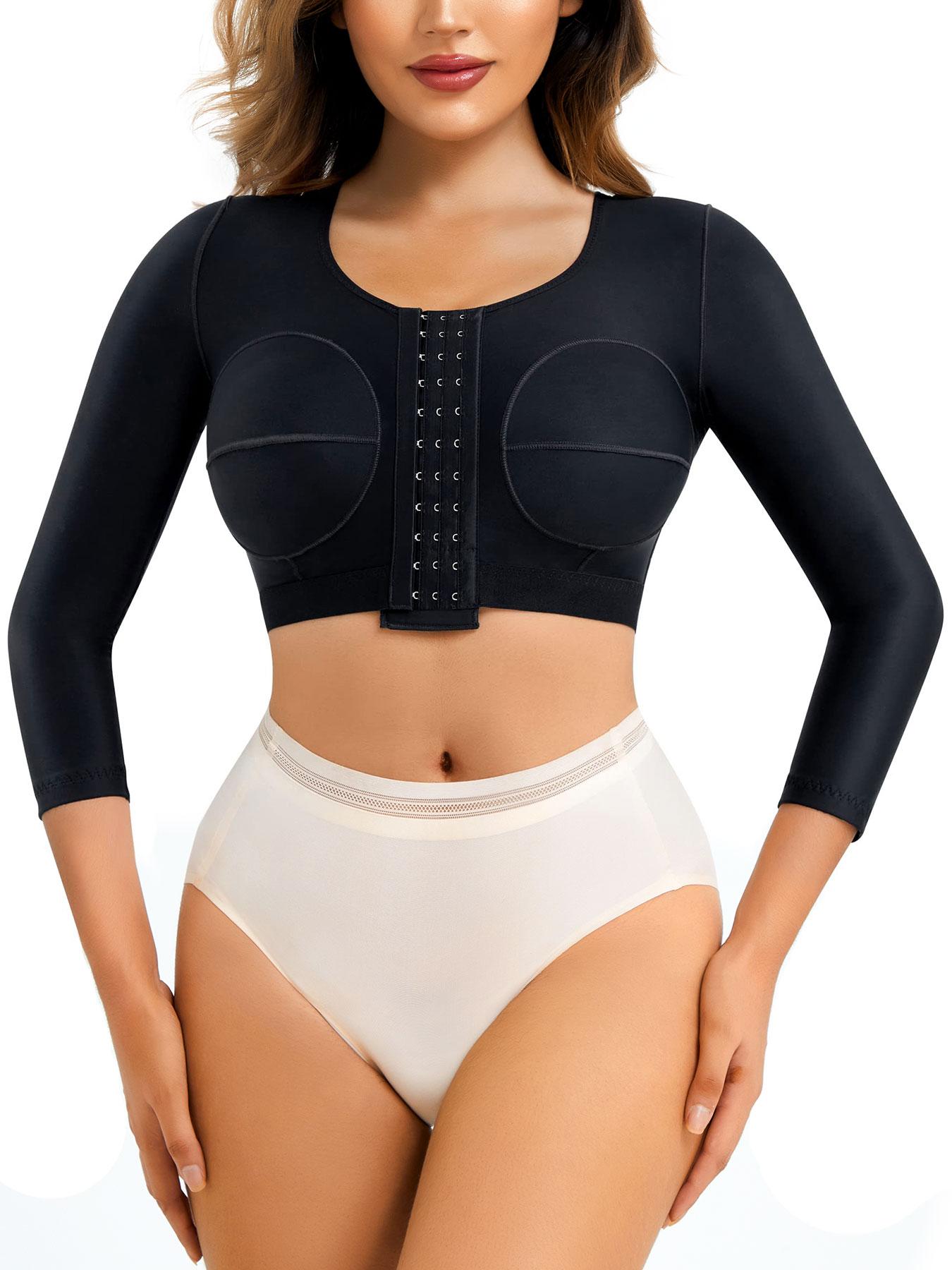 Women's High Elasticity Compression Bodysuit, Shapewear, 3/4 Sleeves Arm Tightening, Cup Design Chest Shaping, Four Button Adjustable Fit