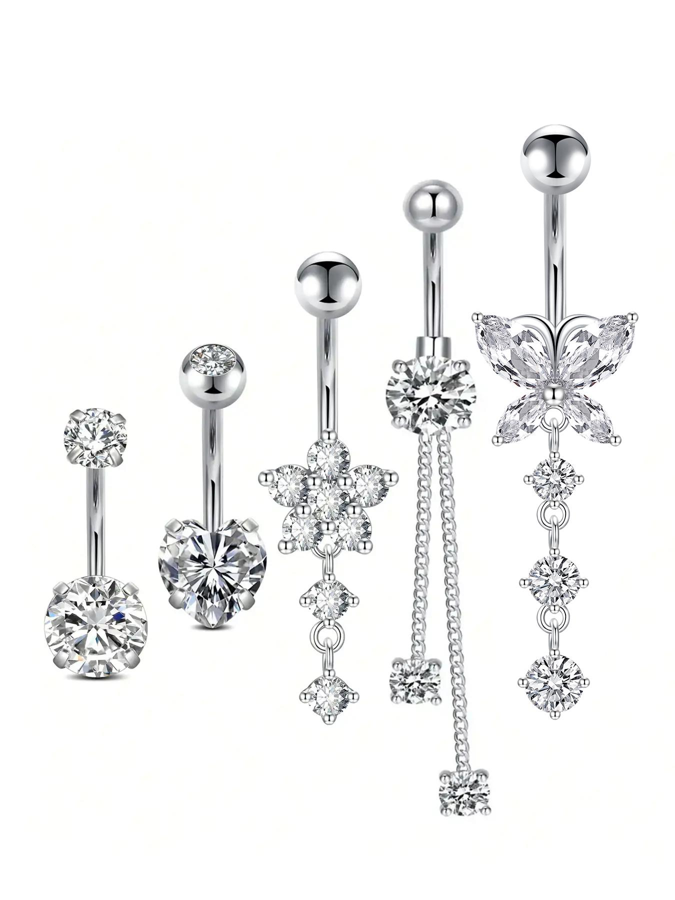 Casual Rhinestone Decor Butterfly & Flower & Heart Design Belly Button Ring, Navel Piercing Body Jewelry, Classic Fashion Accessories for Party, Club, Belly Hoops
