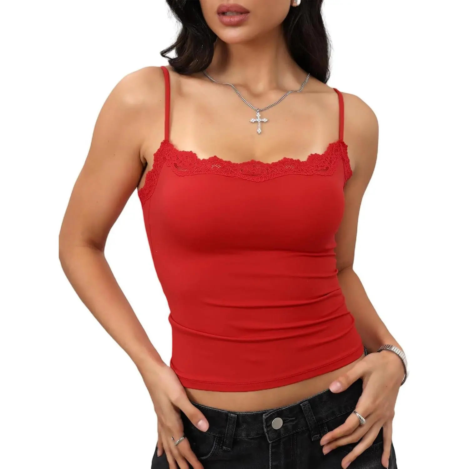 Double Lined Cami Top with Lace Trim, Women's Cute Fitted Spaghetti Strap Tank, Sexy Chic Going Out Top for Party, Cute Tops, Going Out Tops