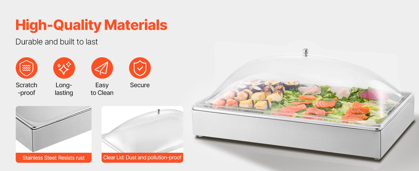 VEVOR Countertop Food Serving Display Container, 1x 1 Pan Stainless Steel Food Serving Tray, Buffet Condiment Dispenser Display Rack with Clear Arc Lid 3 Ice Trays, for Restaurant, Hotel, Party