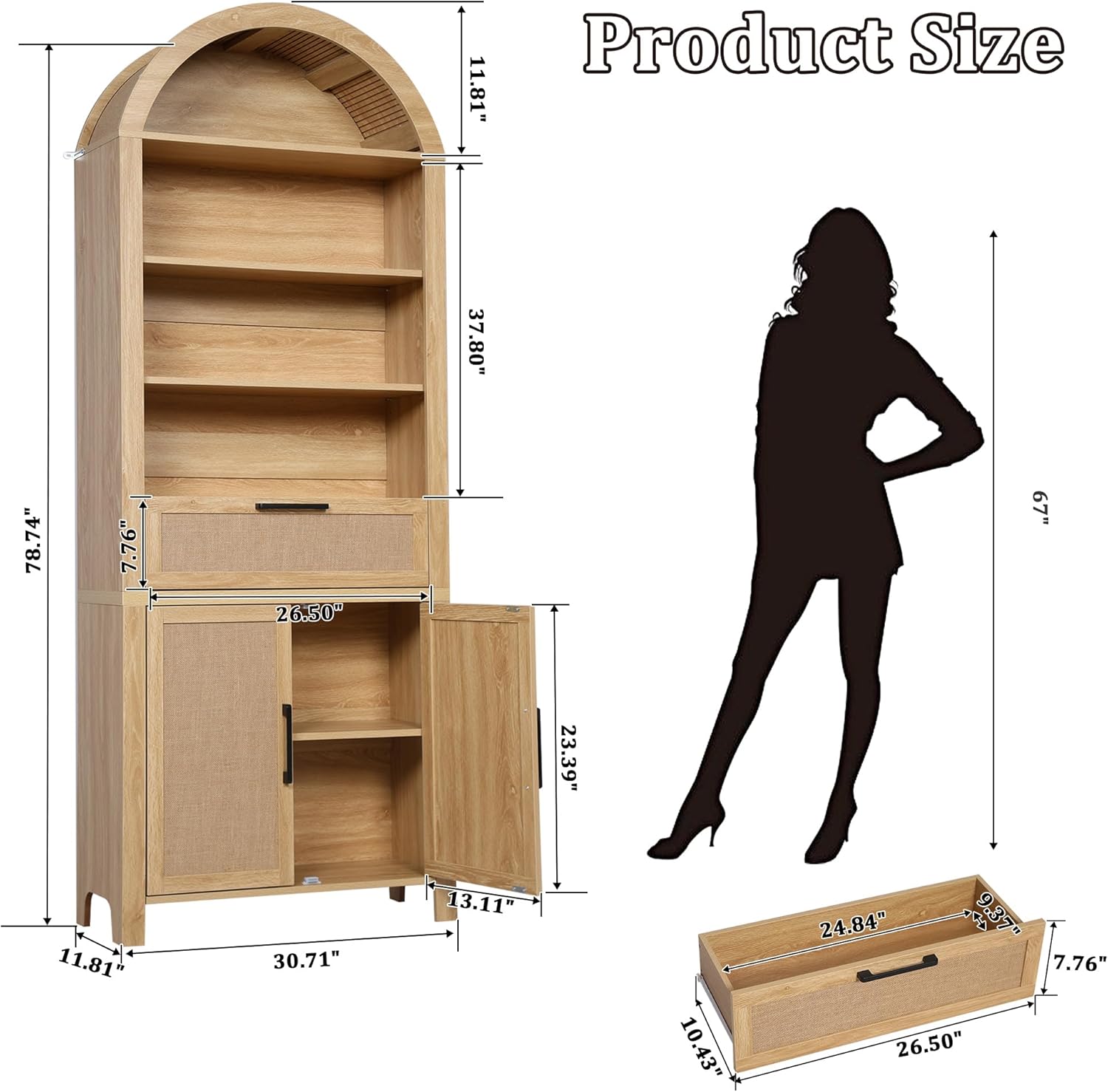 Giratree 79" Tall Arched Bookcase with Storage, Mid Century Modern 6-Tier Cabinet with Door and Drawer, Arched Bookshelf with Open Display Shelf for Office Living Room kitchen storage cabinet