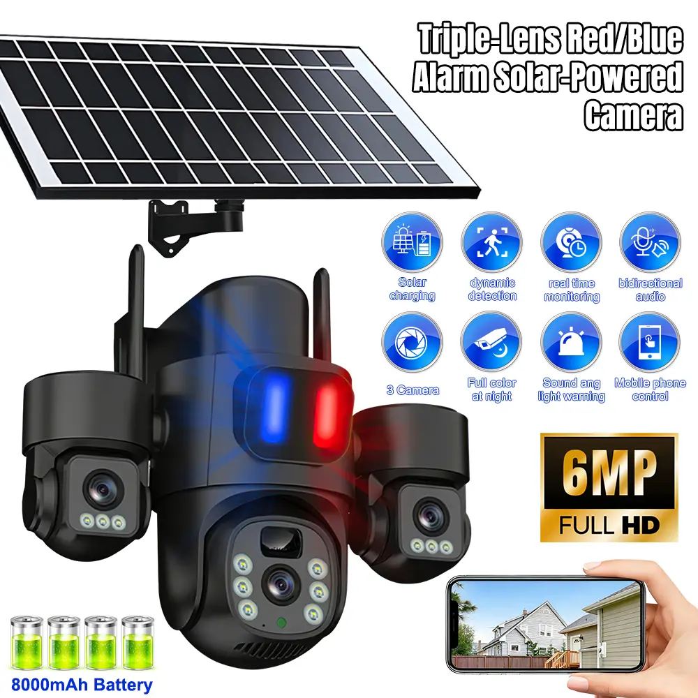 Solar Powered Security Camera, 6MP Full HD Outdoor Security Camera with 8000mAh Battery, Motion Detection and Night Vision, 3 Camera System