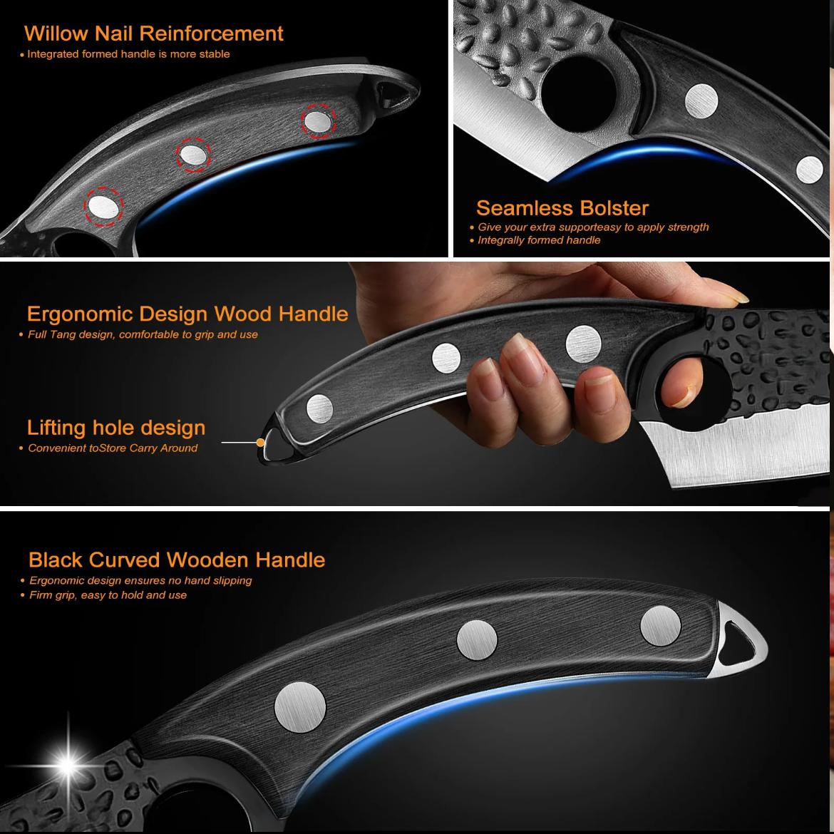 Viking Knife Hand Forged with Sheath KnifeSharpener High Carbon Steel Meat Knife forCamping, Outdoor, Deboning, BBQ, Best Gift Home Black Cutting Heavy Duty