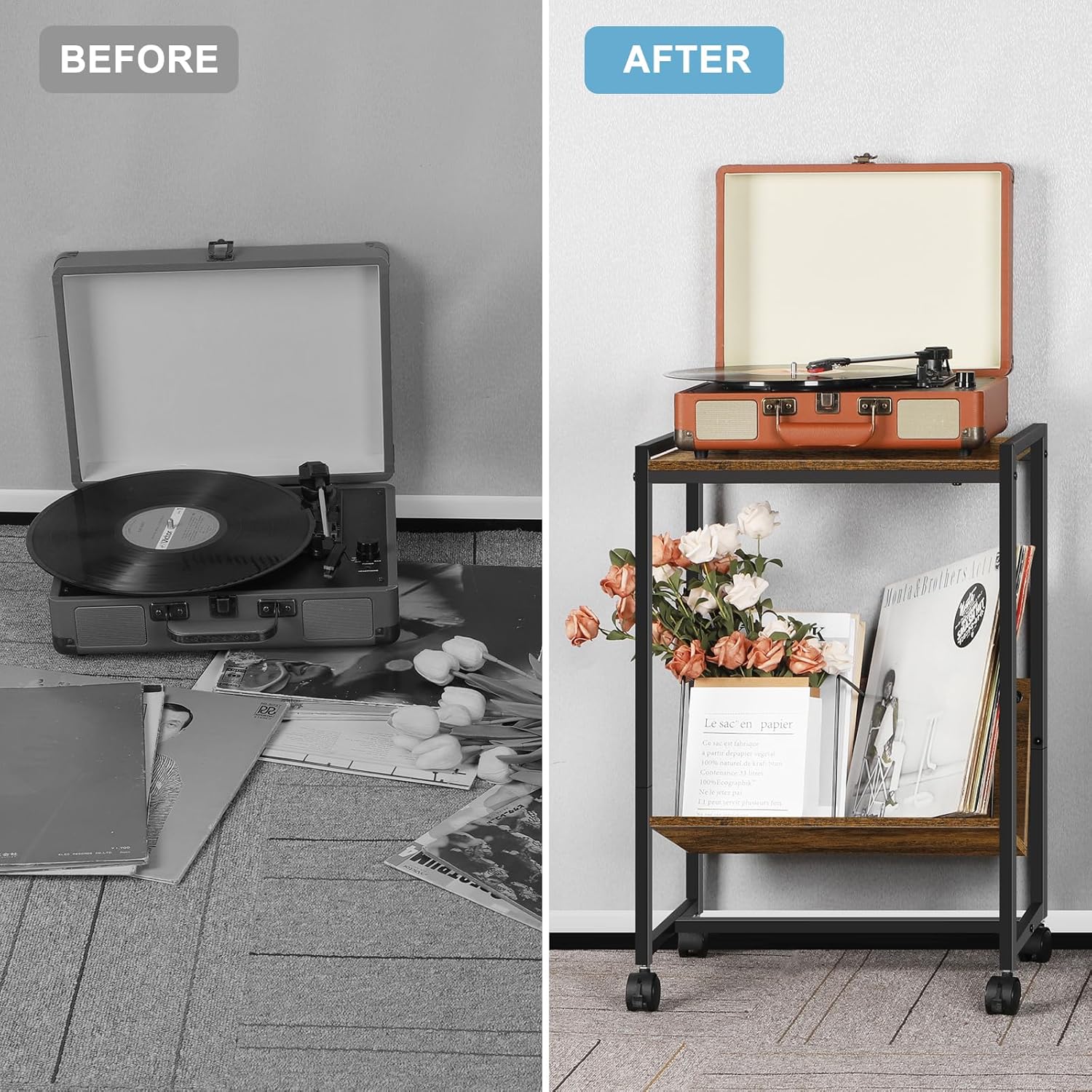 Record Player Stand Industrial Record Player Table with Album Storage Shelf, Turntable Stand with Wheels Vinyl Record Holder Cabinet for Living Room Office, Rustic Brown