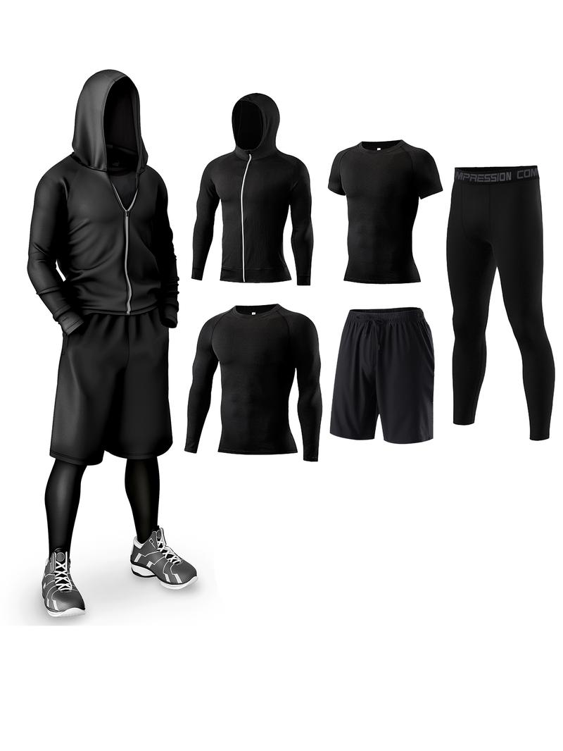 Men's Solid Tracksuit Set, Sporty Zipper Hooded Jacket & Top & Short Sleeve Tee & Letter Tape Waist Leggings & Drawstring Shorts, Casual Summer Outfits