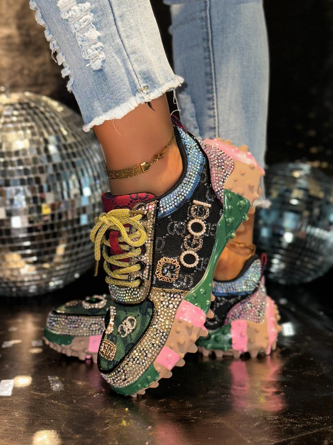 Women's Thick Sole Height Increasing Dad Shoes, Handmade Embellished Fashion Luxury Casual Women's Shoes, Unique Design Comfortable Sneakers