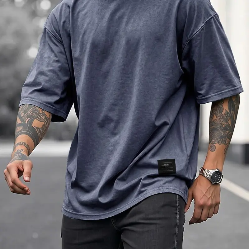 Men's Plus Size 100% Cotton Summer Washed Vintage Loose Fit T-Shirt, Retro Plain Round Neck Street Style Short Sleeve Top, Slimming Fashion Gift Streetwear, Oversized T Shirt