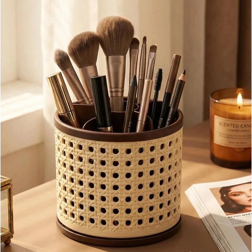 Vintage Woven Makeup Organizer, Large Capacity Rotating Desk Pen Holder, Detachable Easy Clean Compartment Brush Storage Box