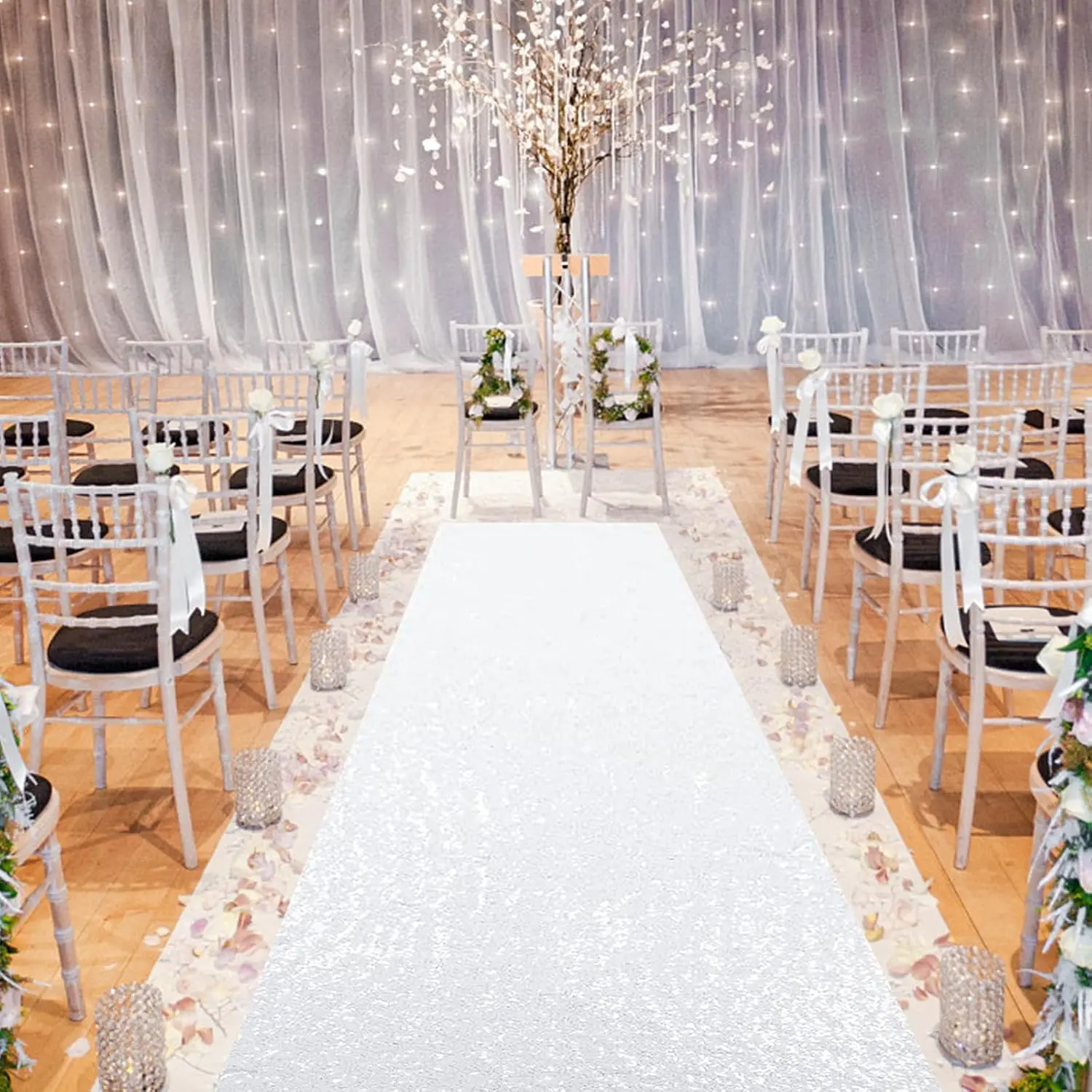 White Sequin Wedding Aisle Runner 4x15ft - 4ft Wide High-Density Celebration Decor with 3mm Stitched Sequins, Serged Edges for Bridal Entrances, Church Ceremonies, Sparkling Look