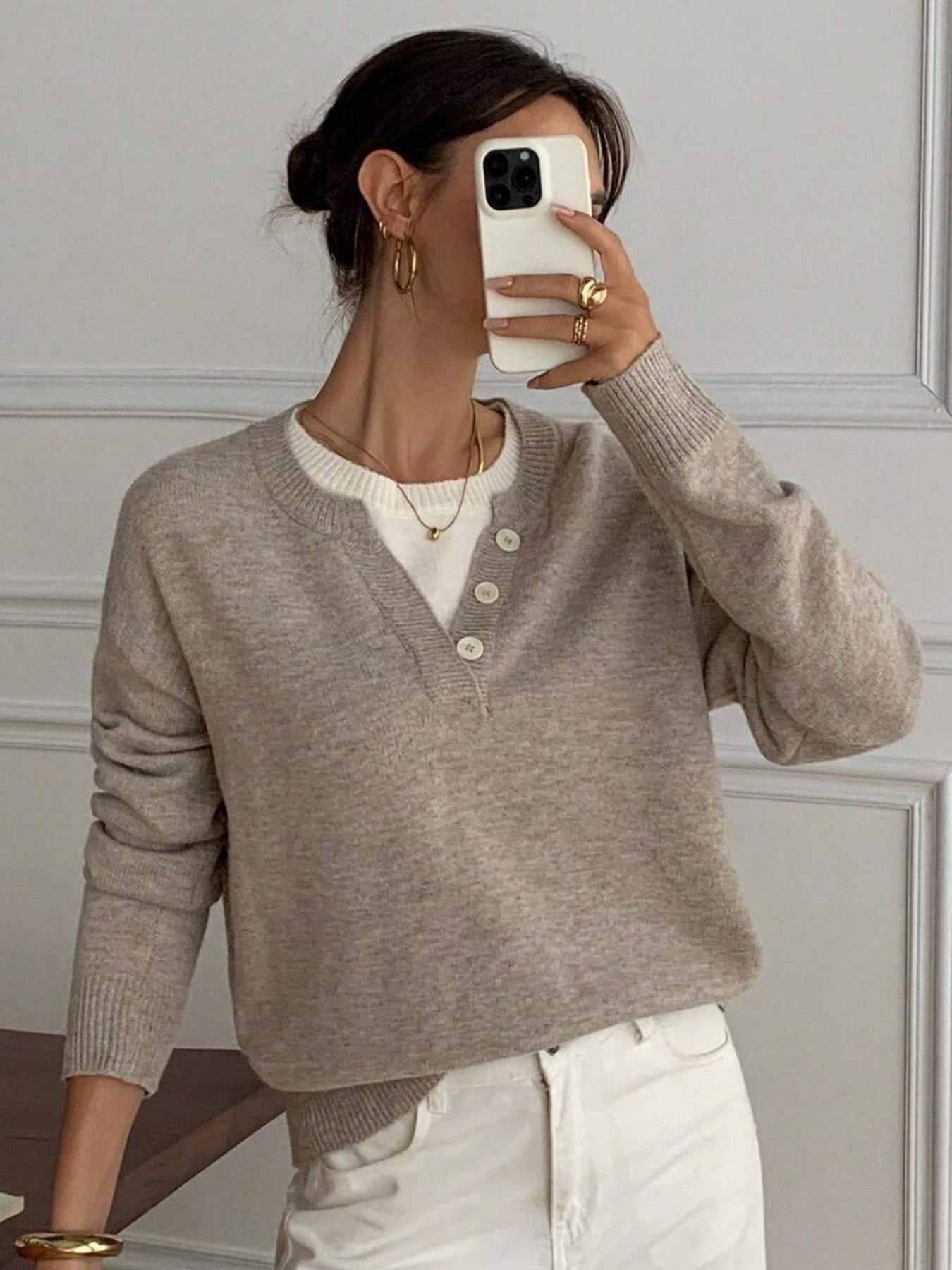 Women's Henley Neck Button Front Color Block Long Sleeve Vintage Chic Pullover Sweater, Knitwear, Knitting, Autumn Winter Casual Loose Fit 2 In 1 Sweater Top For Fall, Fashion Soft Daily Work Street Cute Daily Knitted Top for Women Collared Knit Top