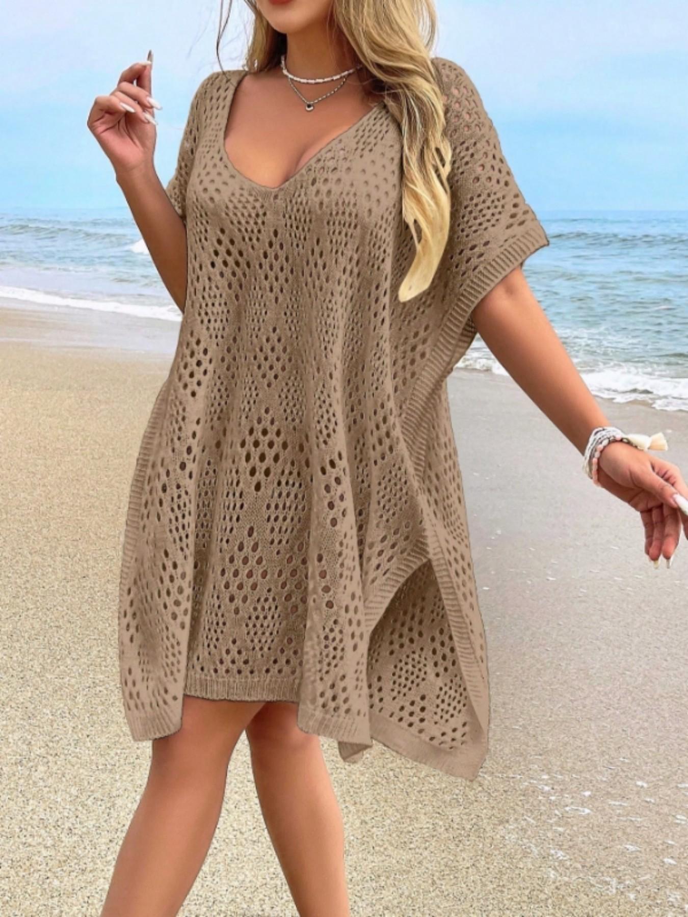 Elegant V Neck Crochet Beach Dress, Sexy Elastic Acrylic Hoodie, Side Slit, Spring Summer Fall, Vacation