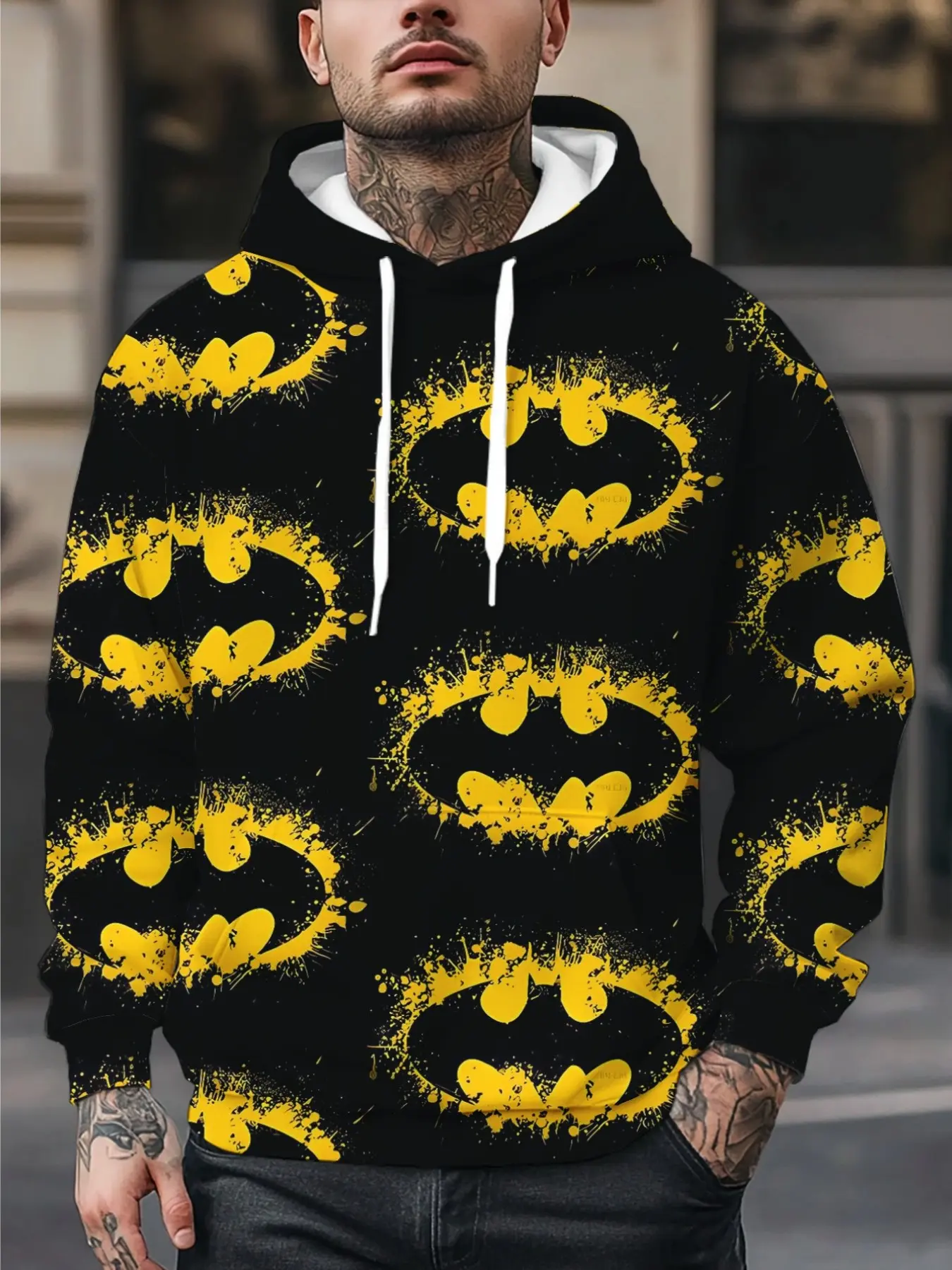 New Warner Collaboration Men's Sweatshirt, 3D Batman Print, Casual Fitted Hoodie, Fall & Winter Everyday Wear, Comfortable and Stylish