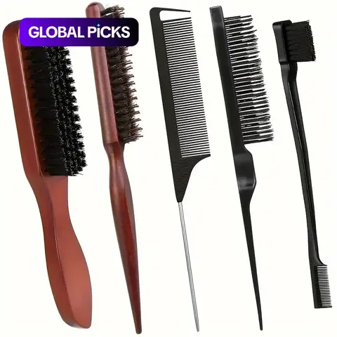 Boar Bristle Hair Brush & Comb Set, Straight Tooth Comb, 5 Counts/set Hair Grooming Brush, Hair Styling Tool for Curly & Straight Hair, Heatless Styling Tool for Men & Women #GLOBAL PICKS