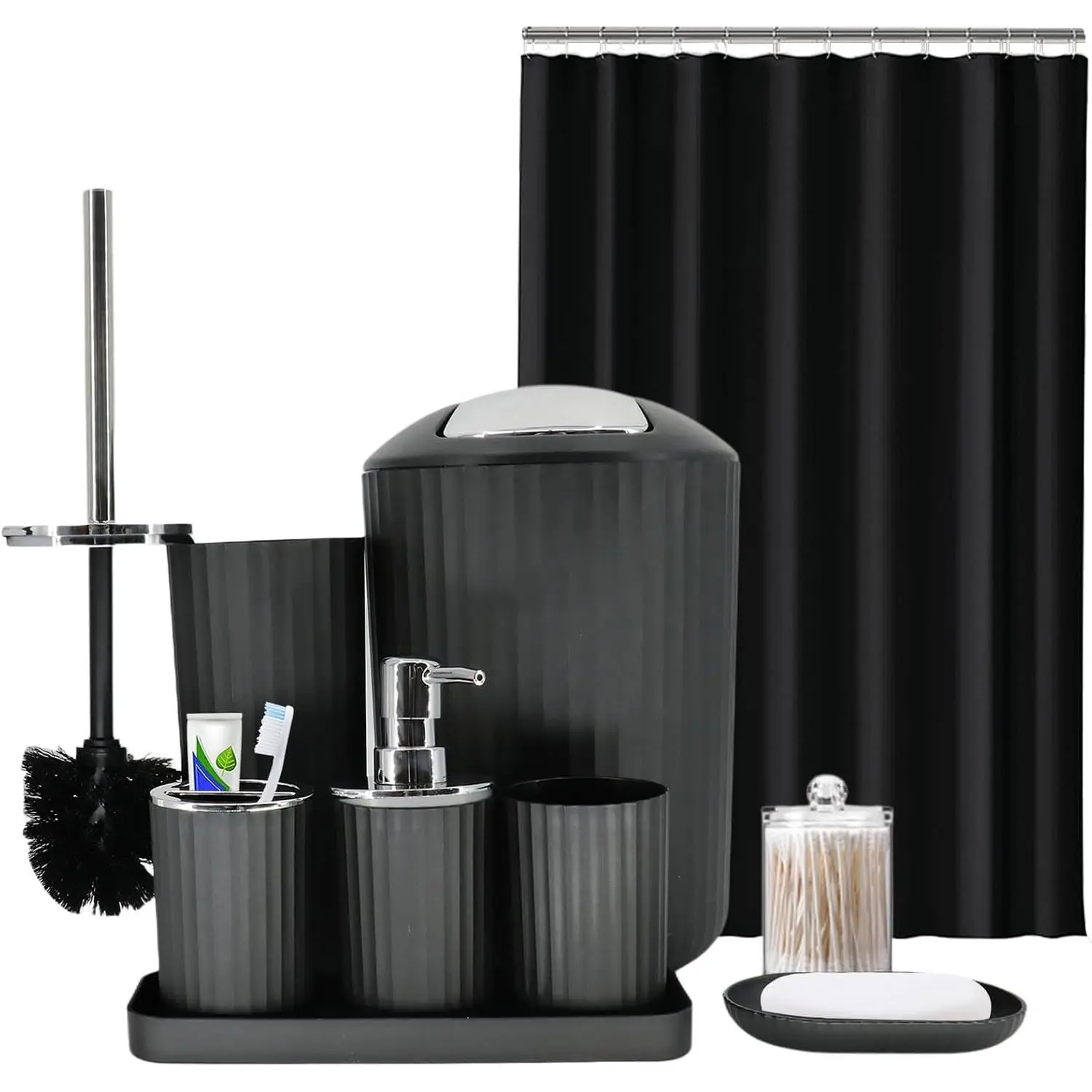 Black Bathroom Accessories Set, 10Pcs Bathroom Accessory Sets Complete with Trash Can, Shower Curtain, Vanity Tray, Soap Dispenser, Soap Dish, Toothbrush Holder&Cup, Toilet Brush&Holder, Qtip Holder