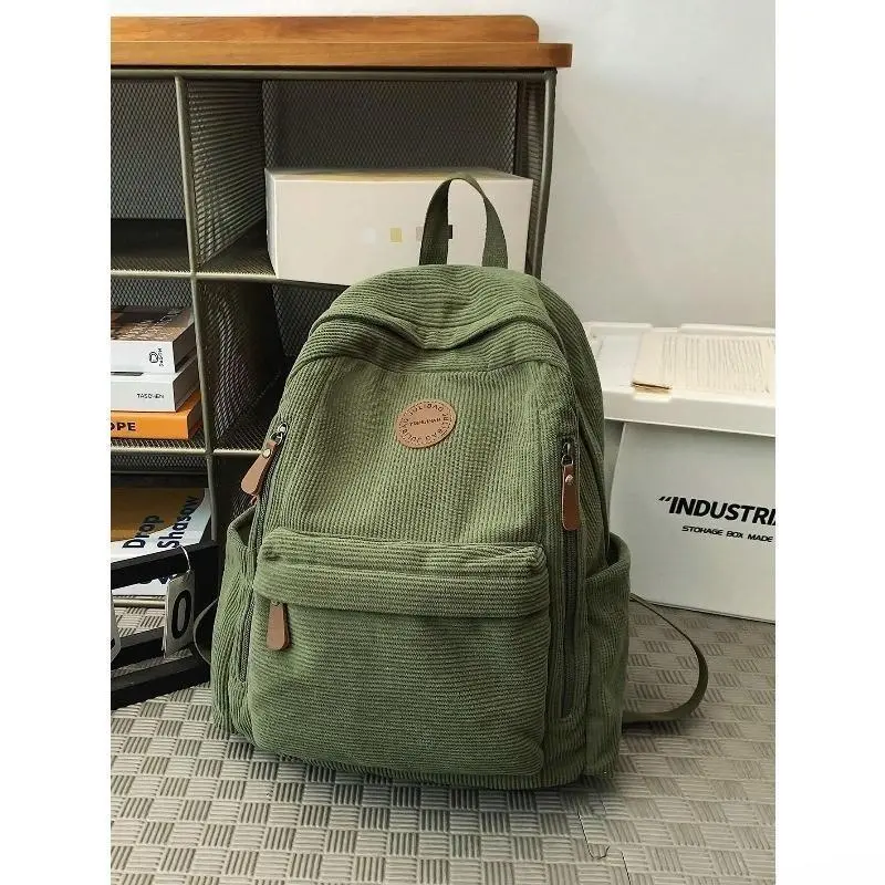 Small Corduroy School Backpack, Lightweight Classic Large Capacity Rucksack with Zipper, Fits 14 Inch Laptop for College Students Daily Commute & Camping Travel