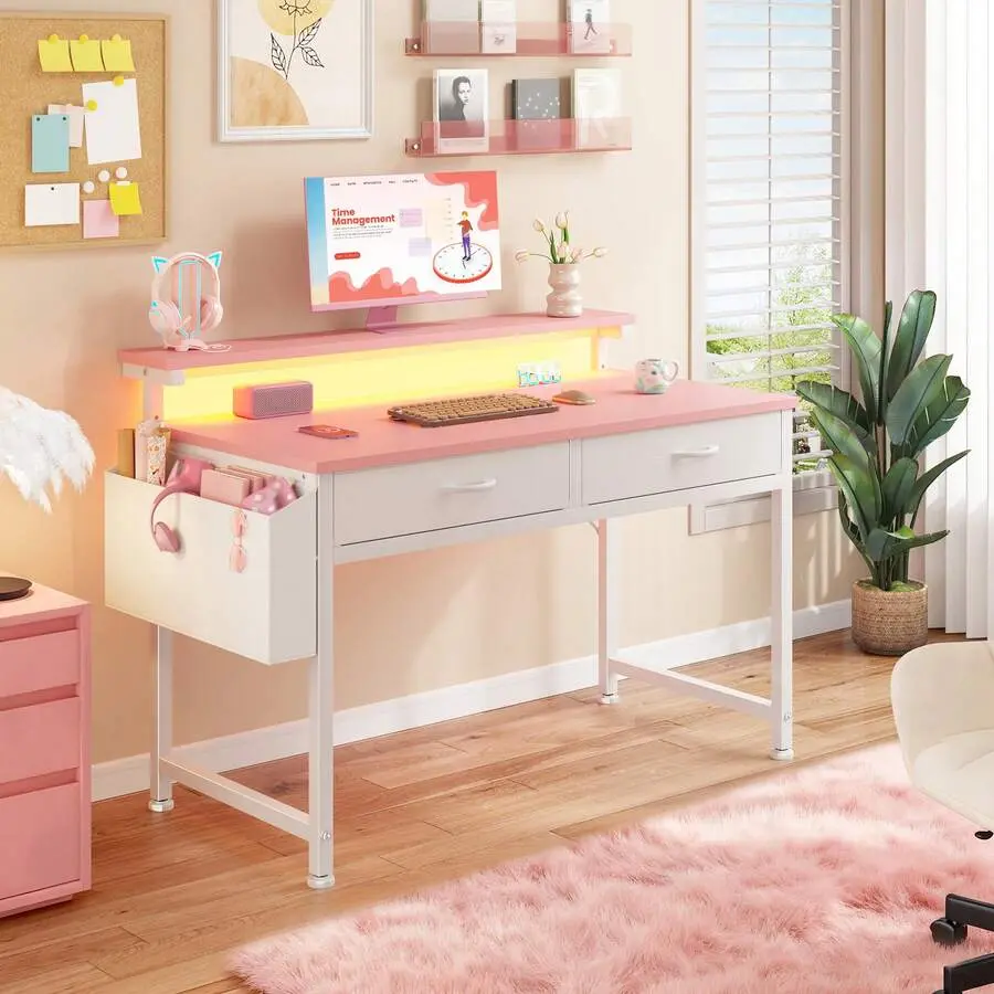 31.5"W Pink Computer Desk With LED Strip Lights & Ergonomic Monitor Stand,Student Study Desk With 2 Fabric Drawers & Side Pocket For Girl