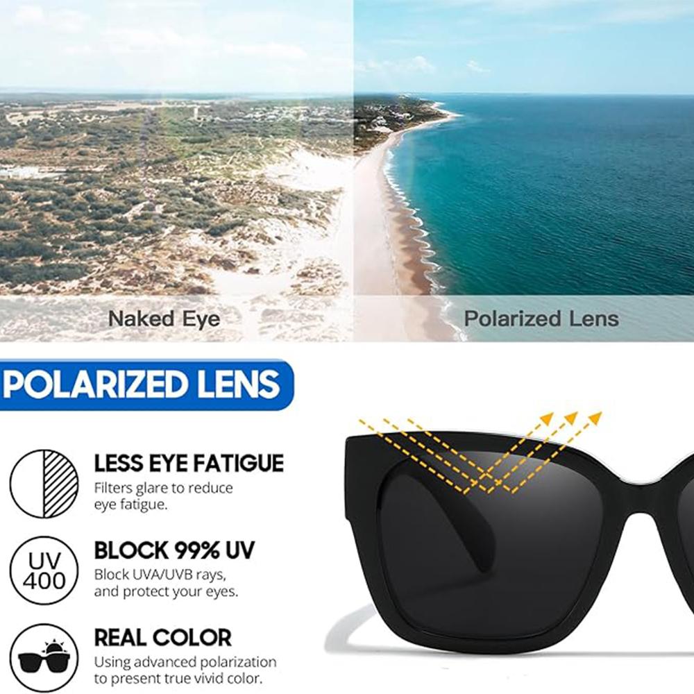 2Pcs Oversized Square Sunglasses for Women Men Frame Polarized UV400 Protection Stylish Comfortable Fit for Driving Fishing Cycling