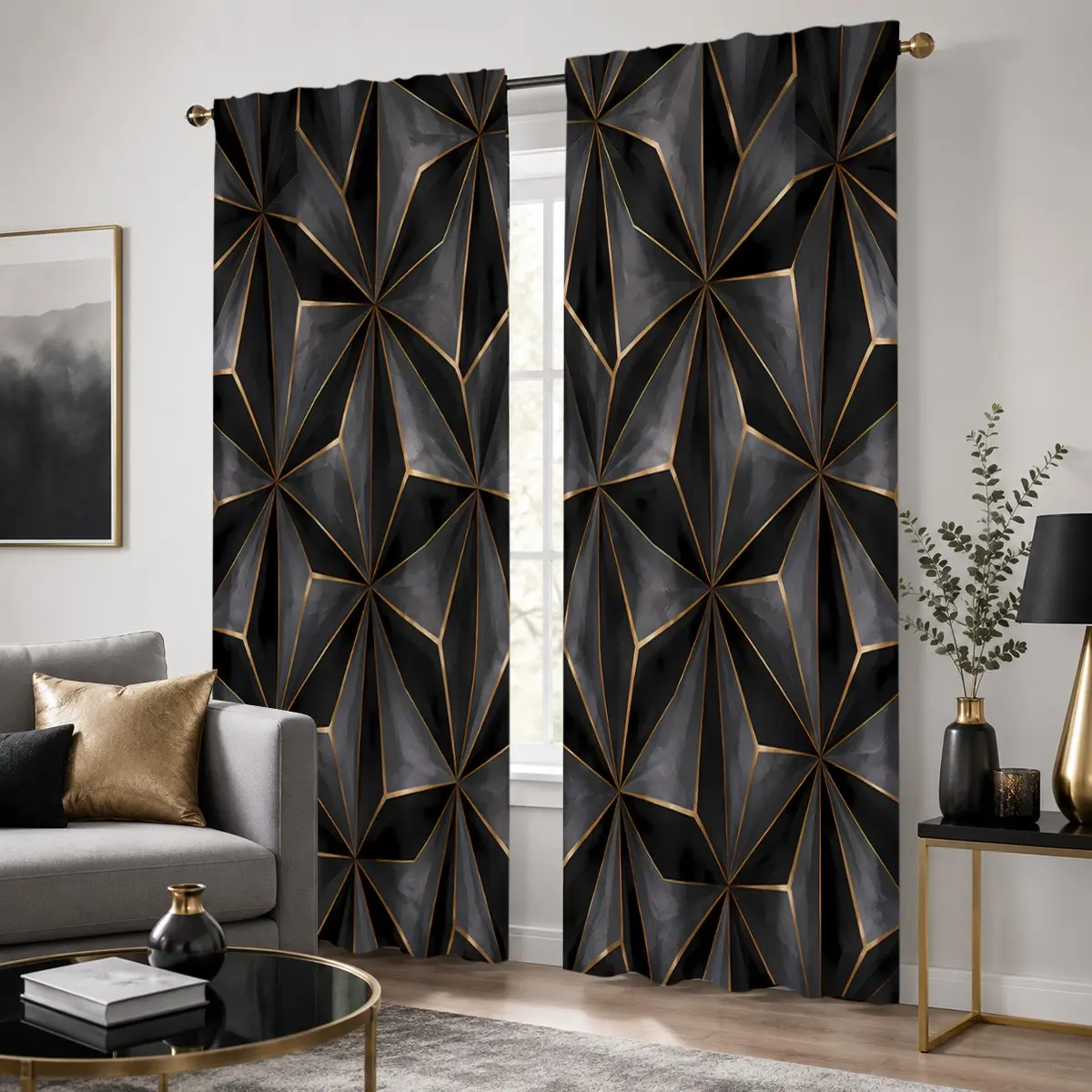 2pcs High-end black and gold semi-blackout curtains with gilded trim, pocket rod installation, made of polyester, suitable for bedrooms, kitchens, studies, etc.