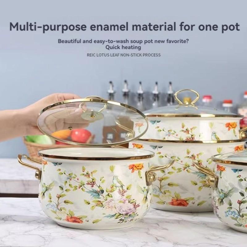 Flower Pattern Stockpot with Lid, Ceramic Soup Pot with Handle, Large Capacity Cooking Pot for Home Kitchen, Double Ear Design