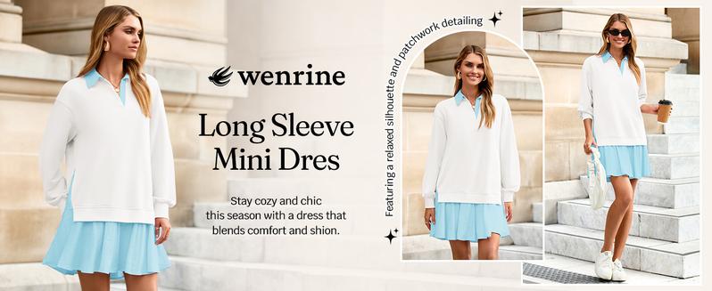 Wenrine Women's Oversized Sweatshirt Dress Casual Long Sleeve Collared V Neck Patchwork Loose Mini Dresses