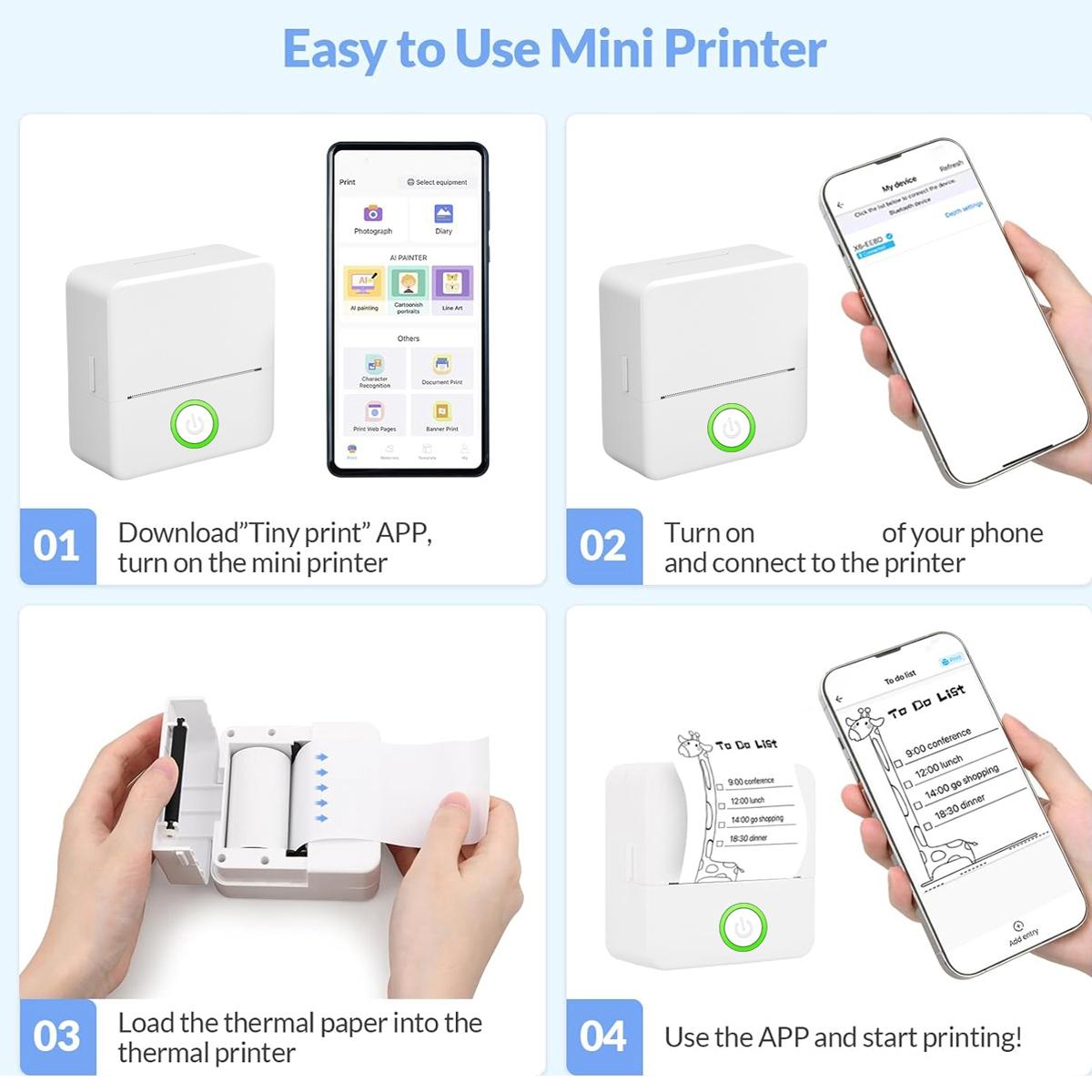 Mini Printer, Thermal Wireless Printer, Inkless Label Printer, Portable Thermal Inkless Sticker Maker,  Small Pocket Printer for Notes& Photo, Memo, Compatible with iOS&Android