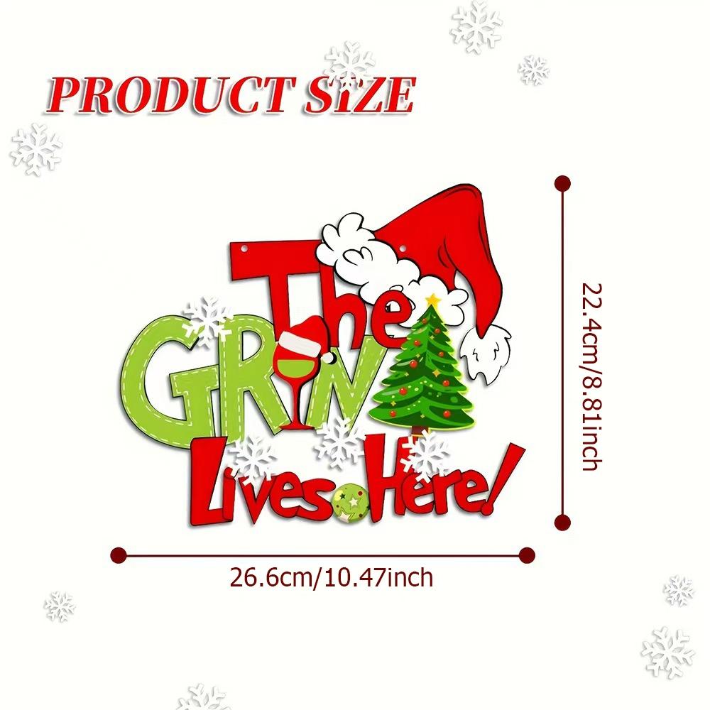 Christmas Theme Hanging Decoration Sign, 'the Grin Lives Here!'Colorful Text, Includes Christmas Hat, Tree, Snowflakes, Home Wall Door Decor
