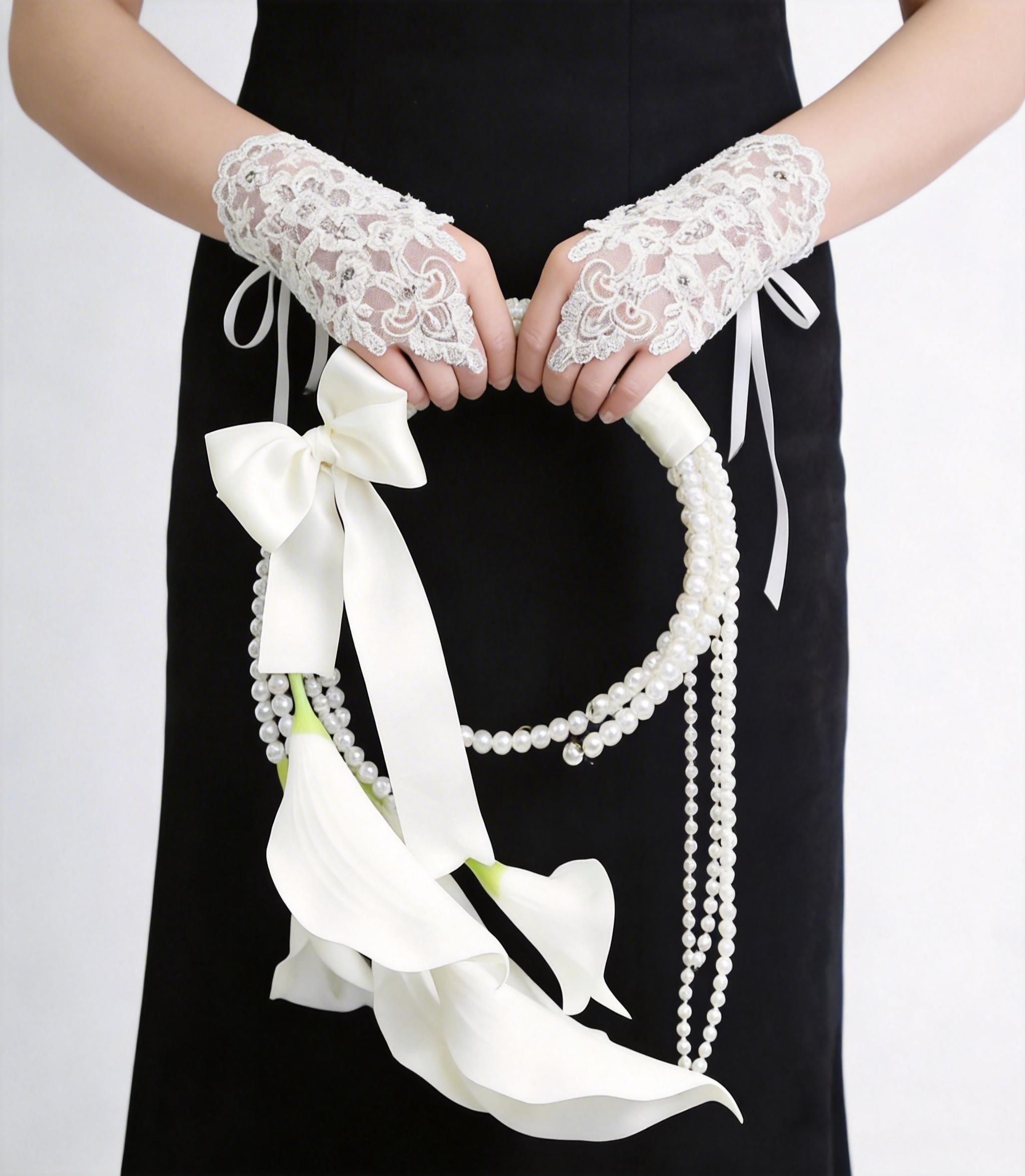Lily and Pearl Bride Wrist Corsage, 37cm Artificial Flower Handheld Ring, Wedding Ceremony Engagement Party Decoration