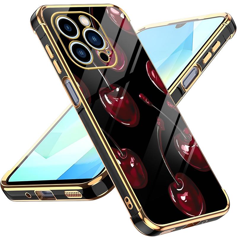 Vintage Cherry Coquette Phone Case – Glossy Dark Fruit Aesthetic, Gold Edges, Soft Cover for iPhone 14 Pro Max — 975