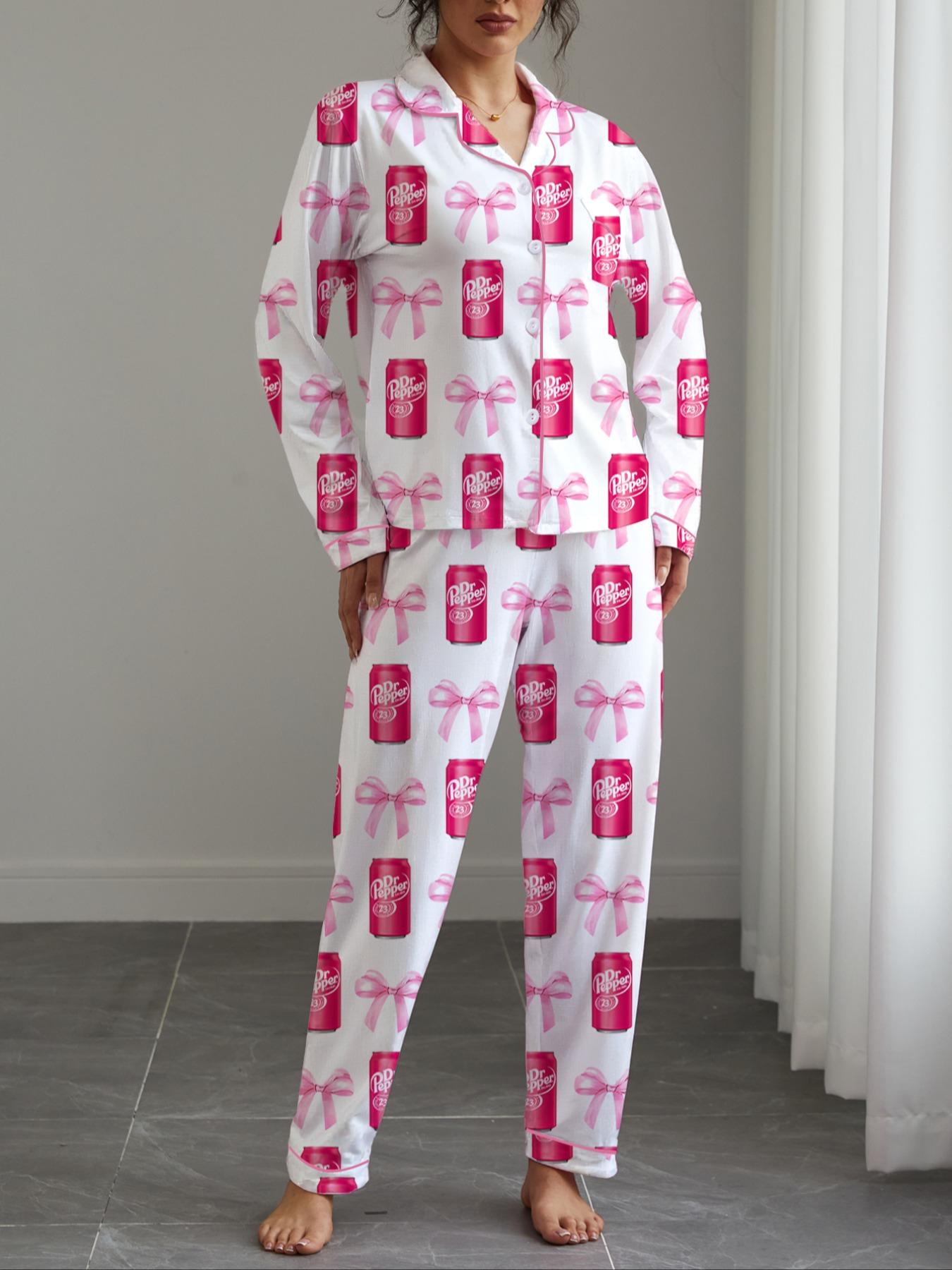 Dr Pepper,Women's Fall Winter Home Set, Soda Pattern Printed Sleepwear, Shirt Collar Button Long Sleeve Top and Loose Elastic Pants, Pajama Set