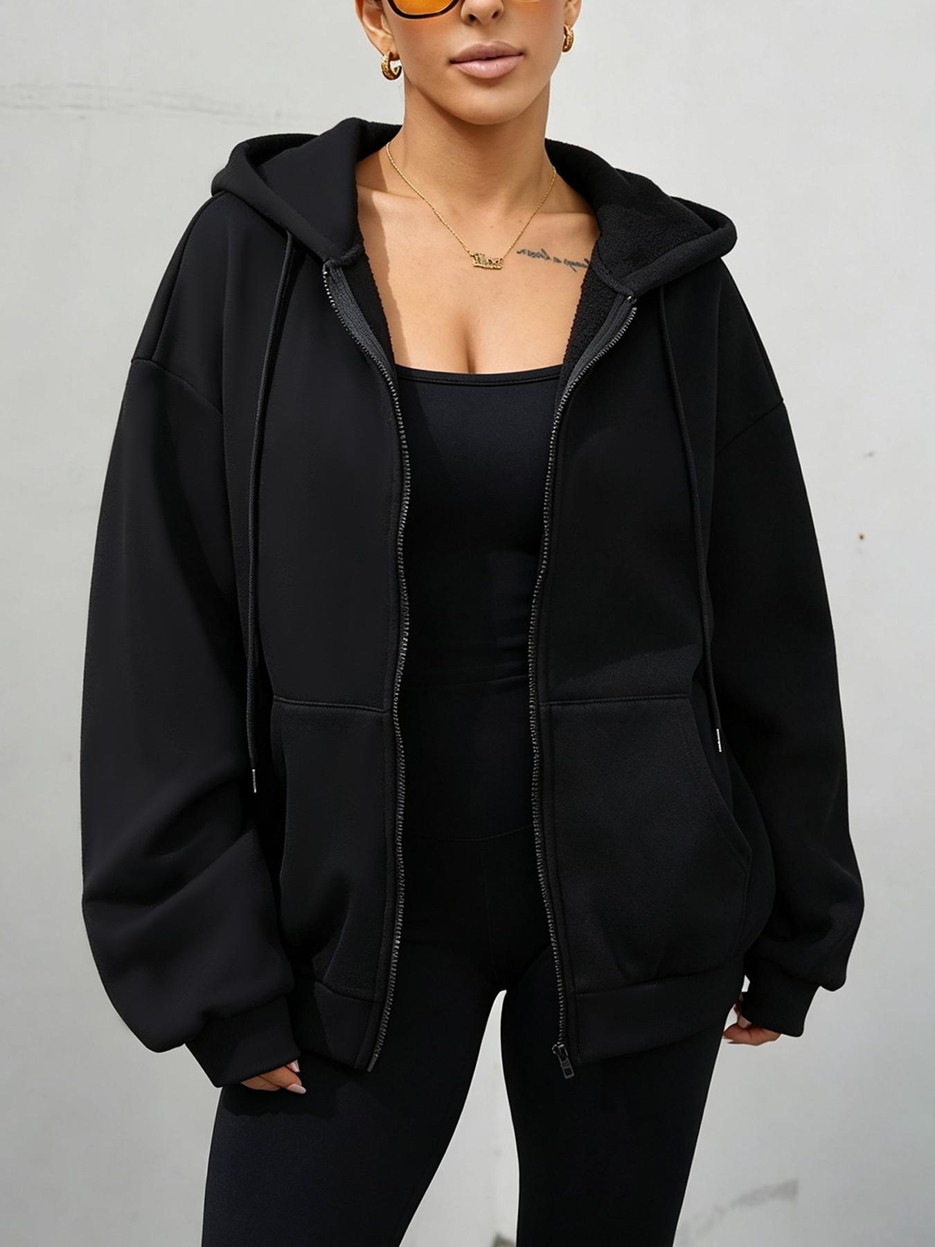 Women's Zipper Drawstring Hoodie, Long Sleeve Pocket Detail, Loose-Fit Casual Sweatshirt for Fall & Winter, Outdoor & Daily Wear