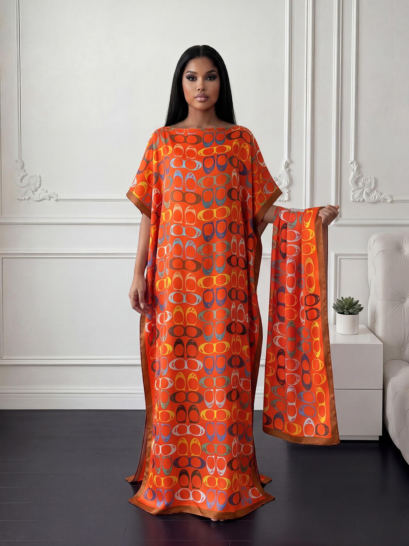 Elegant Geometric Print Robe Set, Long Dress with Headscarf, Sun Protection Silk Scarf, Women's Beachwear, Stylish and Comfortable