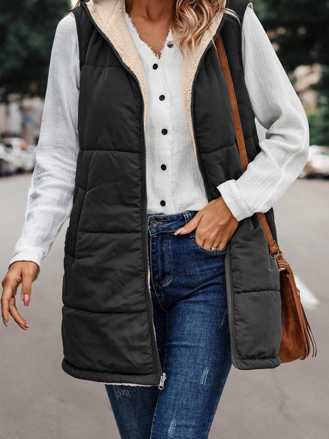 Women's Warm Reversible Sleeveless Fleece Jacket, Zipper Vest, Long Coat with Zipper Closure, Pocket and Hooded Casual Outerwear, Cozy Winter Fashion