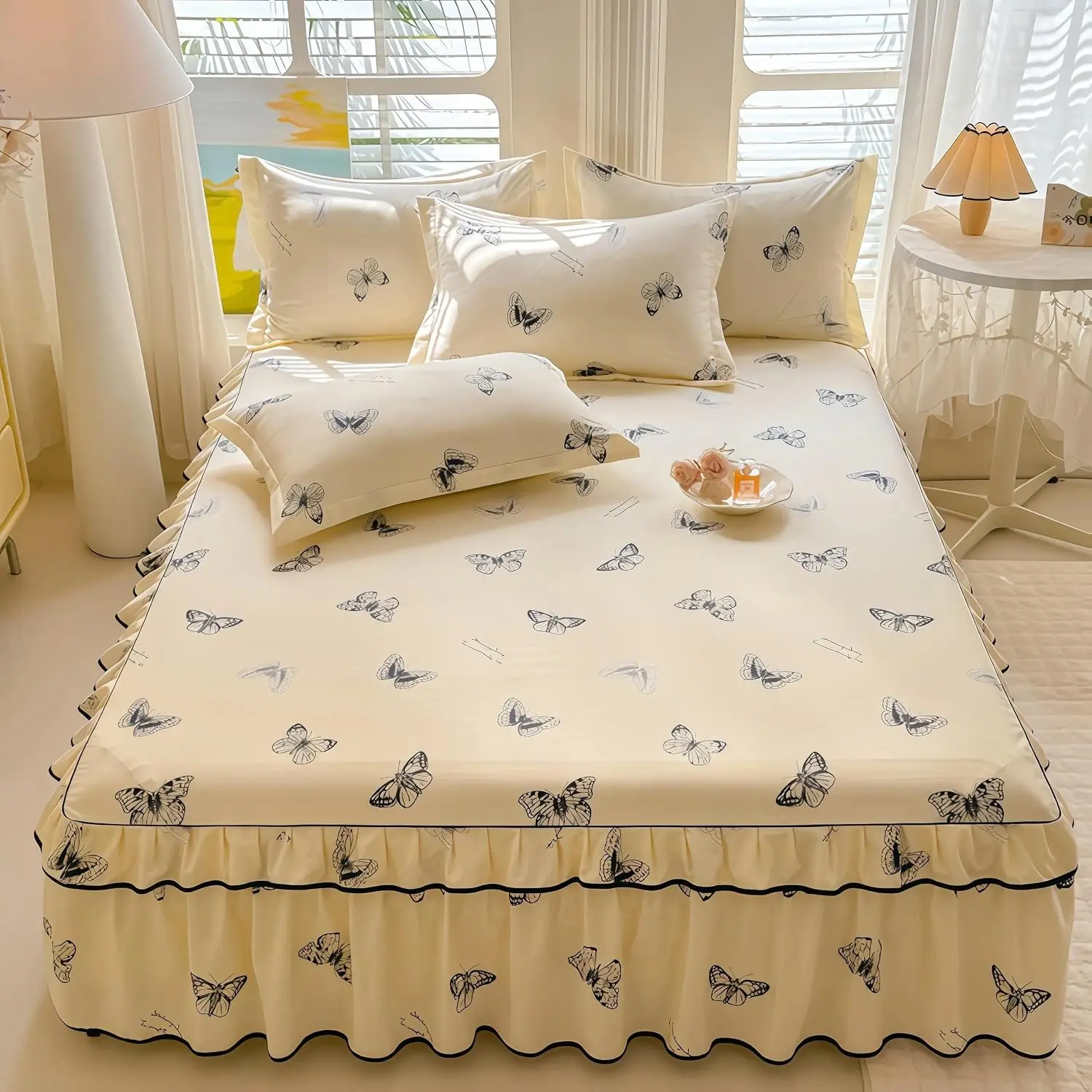 Queen Size Brushed Polyester Bed Skirt Sheet Set - Butterfly Print, Ruffled, Cream Backdrop, Cottagecore, Minimalist Art, Set of 3 (Includes 2 Pillowcases)