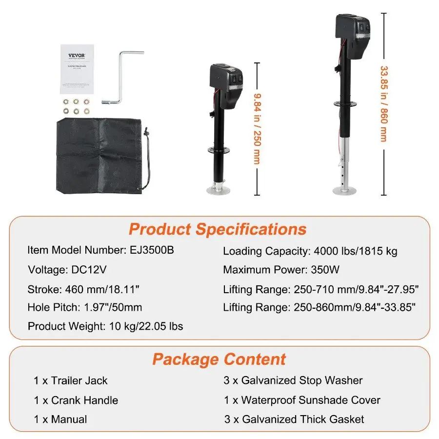 SummerfindsVEVOR Trailer Jack Electric Power Tongue Jack Weight Capacity 4000 lbs9. 84"-33.85" Electric Tongue Jack with Waterproof Cover for Lifting RV TrailerHorse TrailerUtility TrailerYacht Trailer Tow