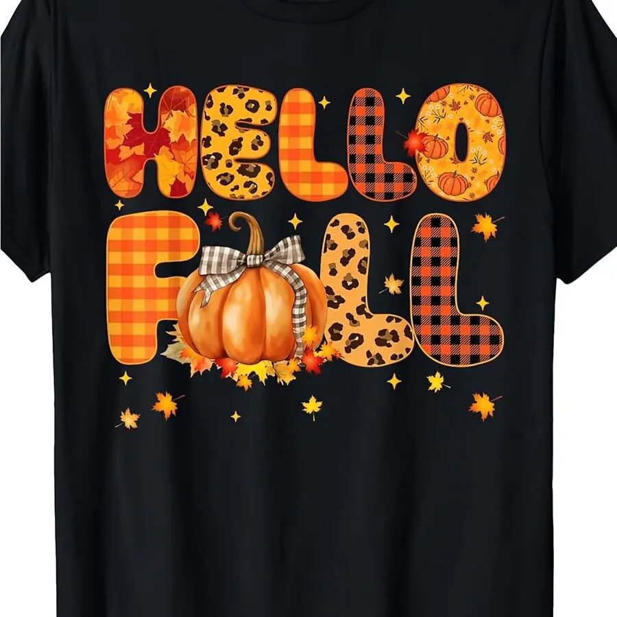Halloween T-shirts, ChristmasPlus Size Women's , Crew Neck, Women's Autumn Printed  - Black Pumpkin Leopard Print, HELLO FALL Text - , Soft And Breathable Crew Neck Short Sleeve Top - Autumn Halloween Thanksgiving Casual Wear - Comfortable Machine Washabl