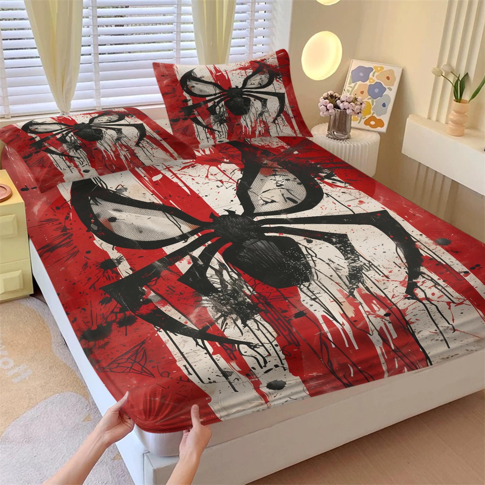 Spider web pattern printed bed sheet, Decorative Bedsheet Sets, warm and comfortable bedding, anti slip dust cover suitable for children's bedroom decoration, including 1 bed sheet and 2 pillowcases