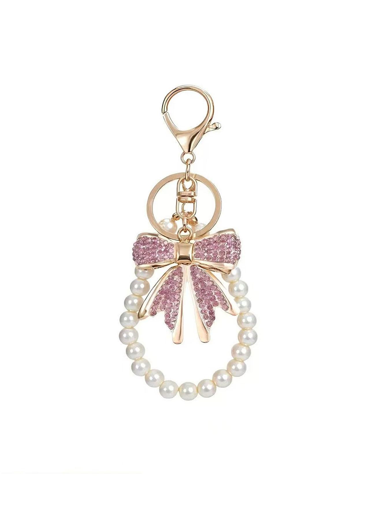Women's Bow Keychain Rhinestone Imitation Pearl Chain Shiny Wallet Charm Bag Handbag Accessories Elegant Design Keychain Bag Pendant Trendy Cute Keychain Bling Bling Keychain For Bags Keychain For Purse Cute Keychain Accessory