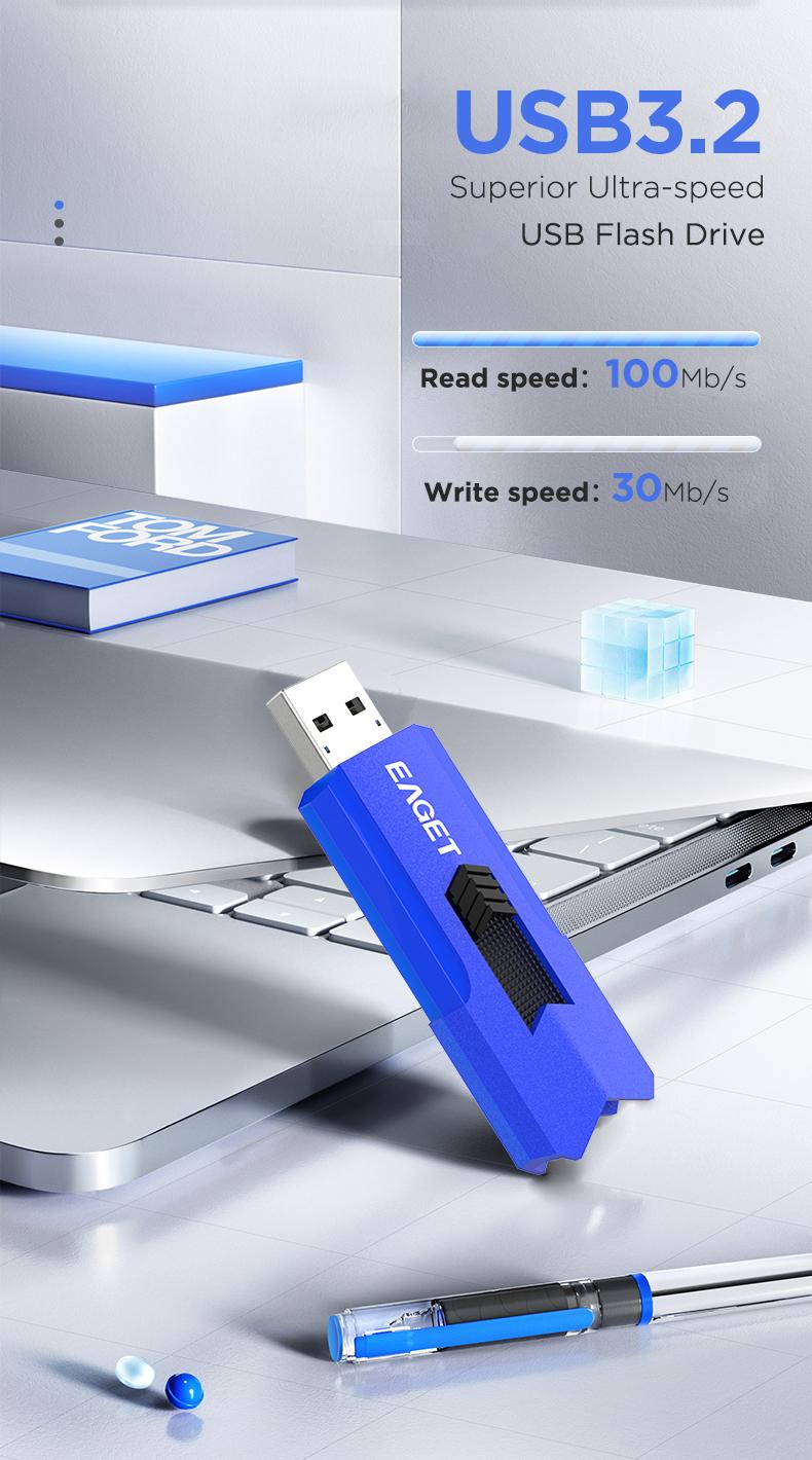 EAGET USB3.2 Flash Drive USB Stick Drive Usb Flash Drives 1 Pack, 32G/64G/128G Blue Yellow ABS Sliding Cap, 100MB/s Read Shockproof A+ Chip Fast Transfer, For Students Office Staff, Windows Mac Linux Laptop Desktop-Portable Data Storage Thumb Drive Gift