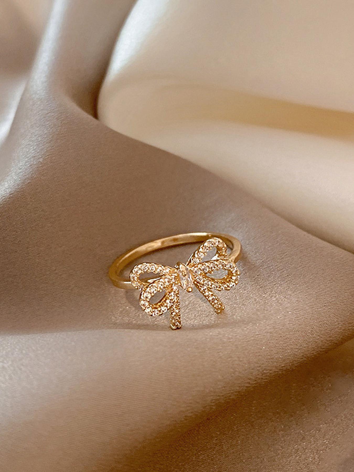 Elegant Bow Zircon Adjustable Ring for Women, Simple Style Daily Wear Jewelry, Fashionable Open Design Accessory, Unique Rings