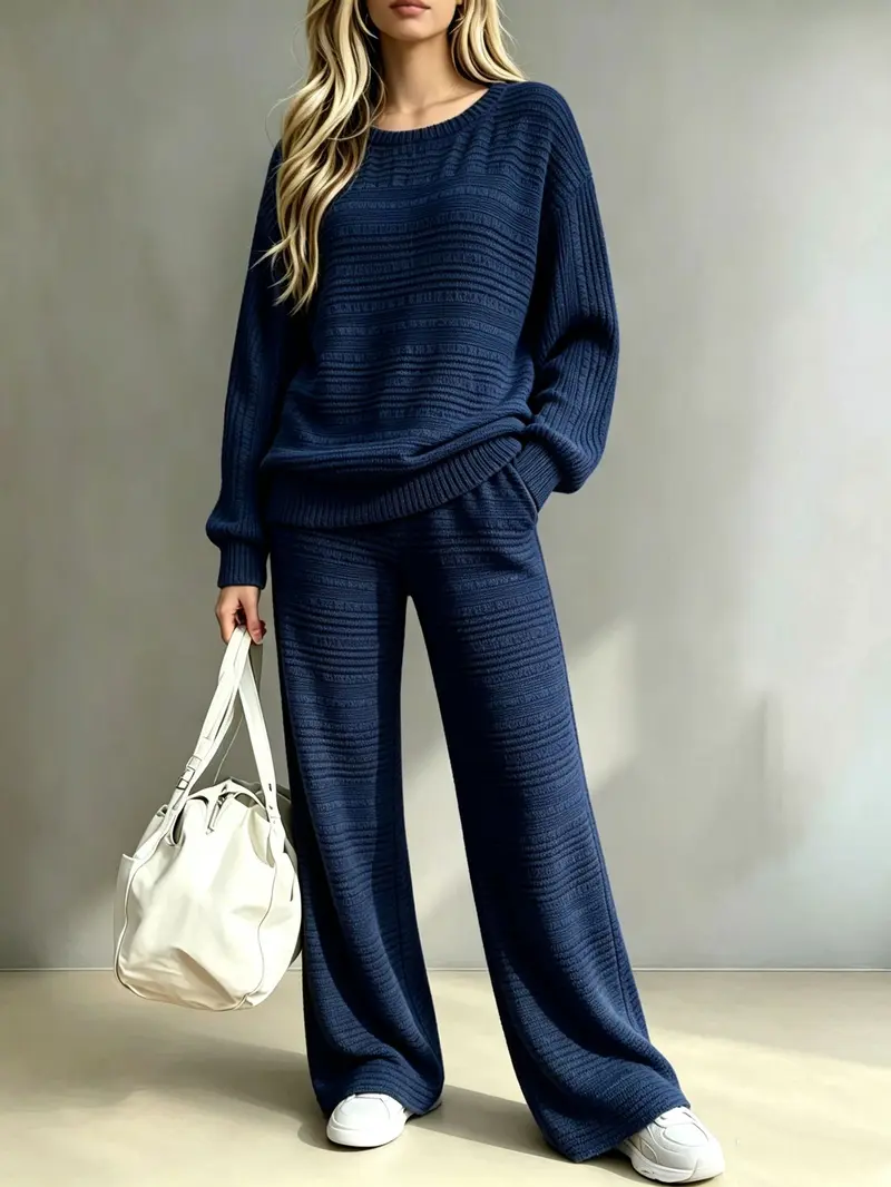 Women's knit two piece set with oversized sweater top and wide leg pants – image 4