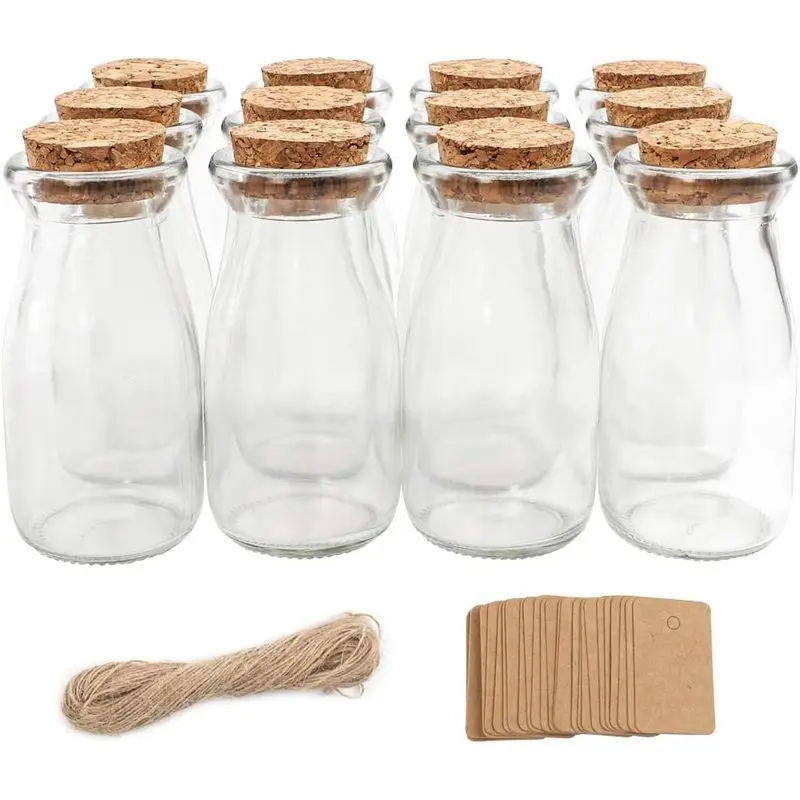 12 Pack 3.4oz /100ml Small Clear Glass Jars with Natural Cork Lids, Mini Empty Glass Storage Bottles for Candy, Spices, DIY Crafts, Wedding Favors, Party Supplies and Halloween Home Decor