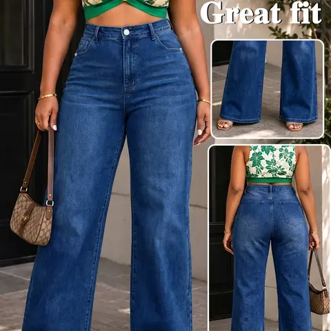 Deep Blue Washed High-Waisted Wide-Leg Jeans, Women, Plus Size Slimming Loose Fit Long Pants, Multiple Colors Available, Fall & Winter Casual Wear