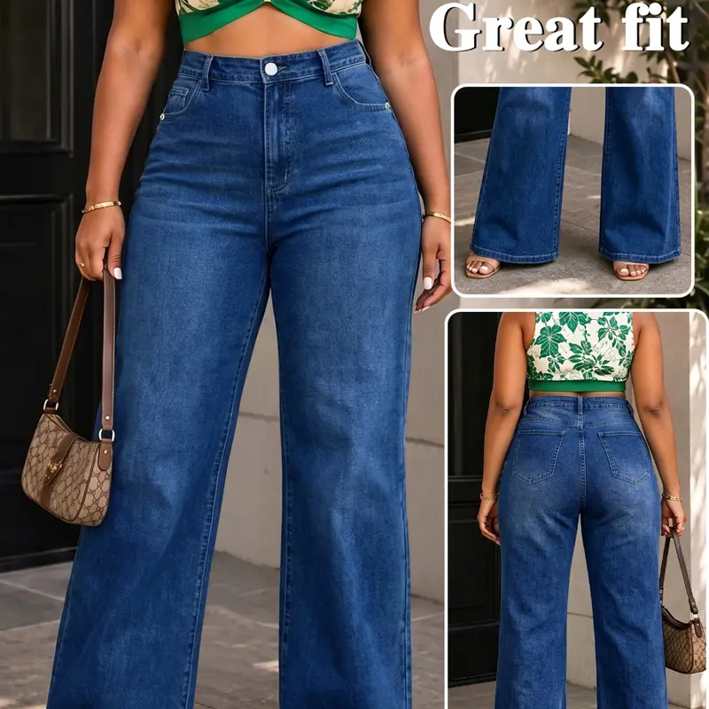 Deep Blue Washed High-Waisted Wide-Leg Jeans, Women, Plus Size Slimming Loose Fit Long Pants, Multiple Colors Available, Fall & Winter Casual Wear