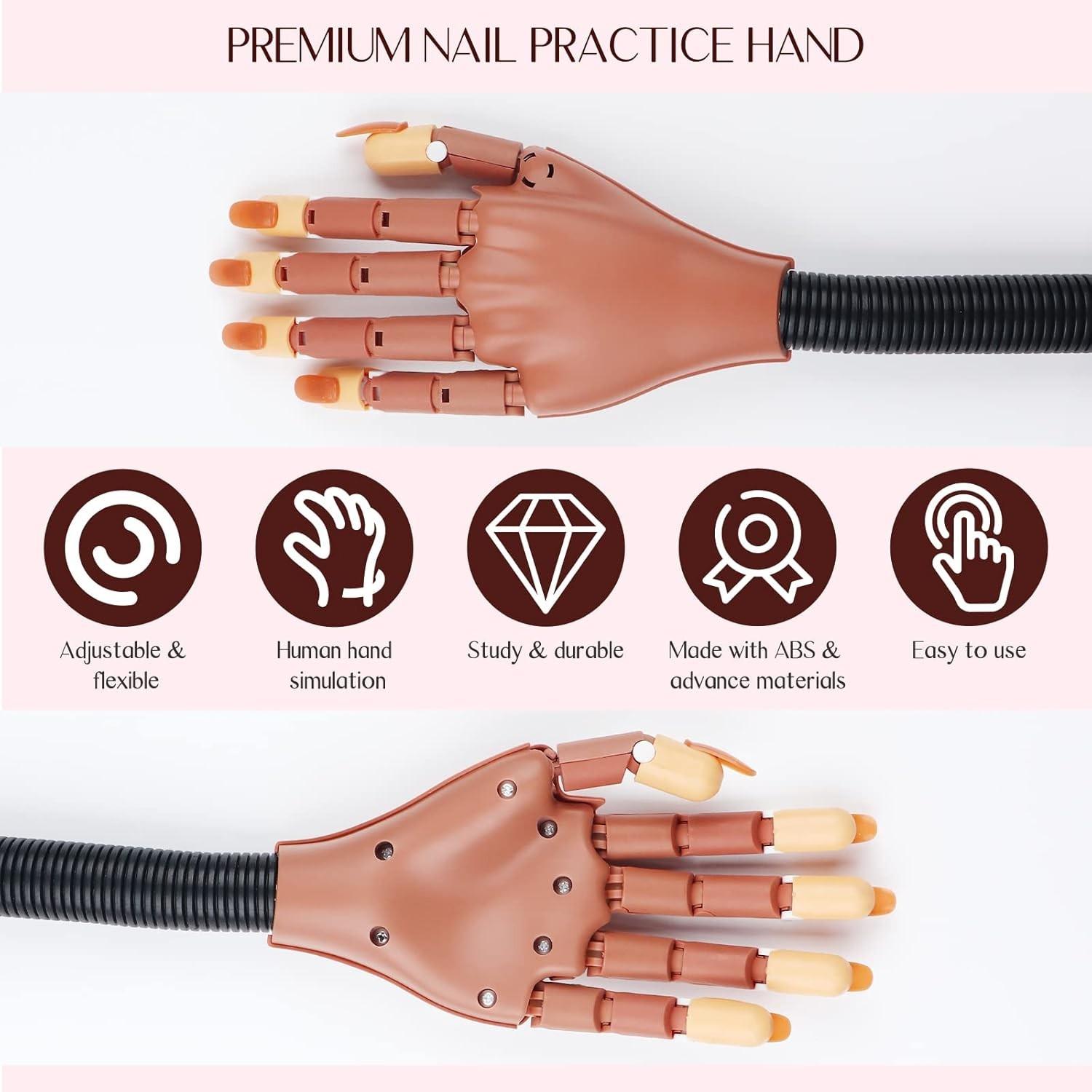 Practice acrylic nails hand, flexible and movable fake hand, nail art training hand nail set, movable nail hand, includes 200 nail tips, nail glue, cleaning brush, and nail clipper, suitable practice tool for beginners, professional tool for nail salons