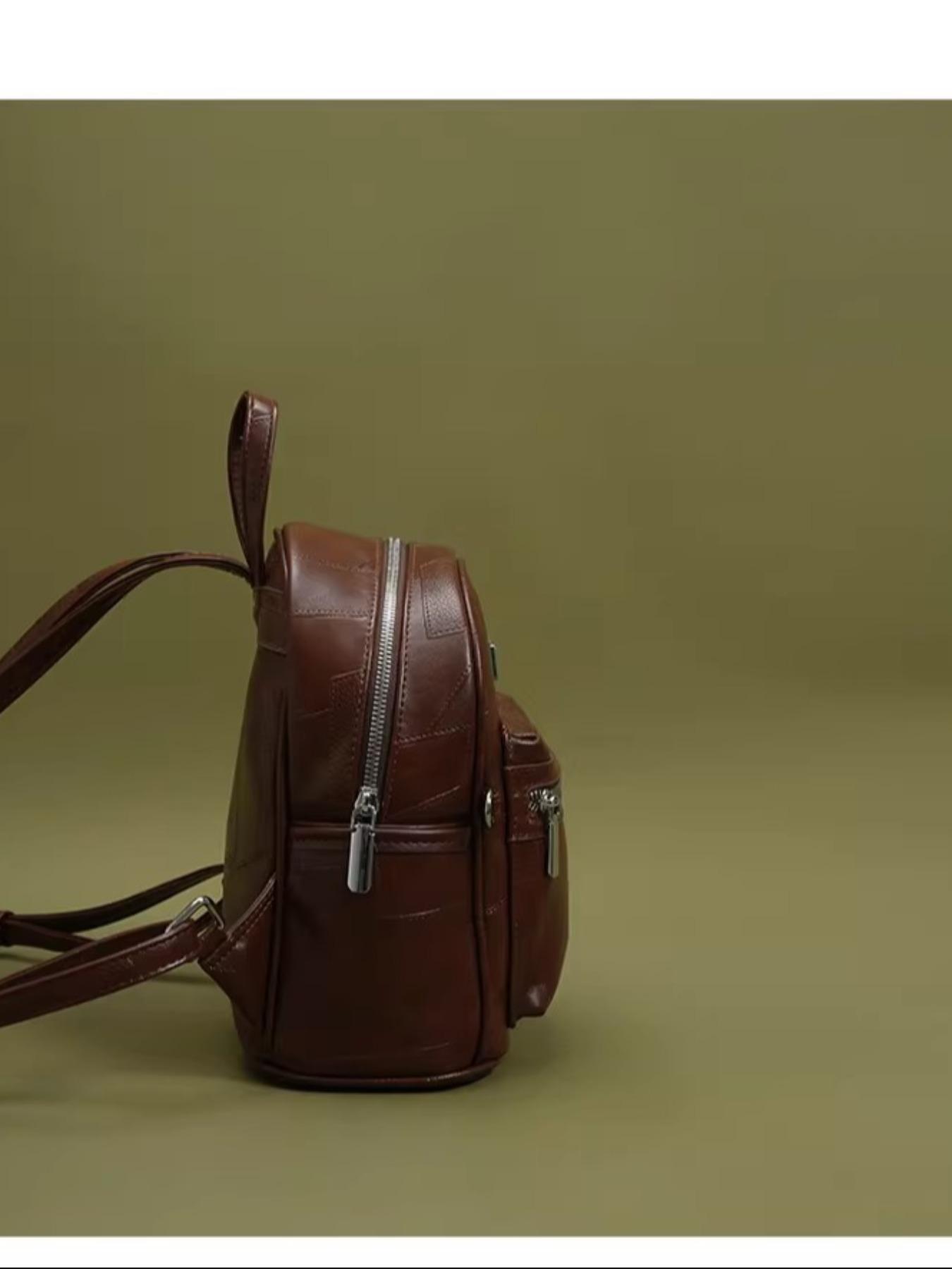 Patchwork leather mini backpack - Women's fashionable casual daily bag; Exquisite and small school schoolbag, with silver hardware and zipper pocket; Versatile soft PU leather backpack, suitable for travel, commuting and daily wear; Douyin best-selling fa