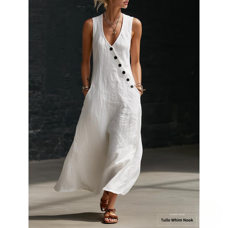 Women's Minimalist Basic Casual Sleeveless Solid Color Buttoned A-Line Tank Dress - New European/American Spring-Summer Normal Type Plus Size Elegant Womenswear, Xxl