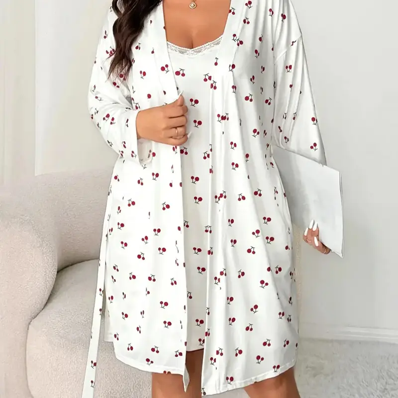 Plus Size Cherry Ditsy Floral Lace Halter Dress + Long Sleeve Sleepwear Loungewear Set, Sleepwear Outfit, Sweet Casual Home Wear, Fitted Summer