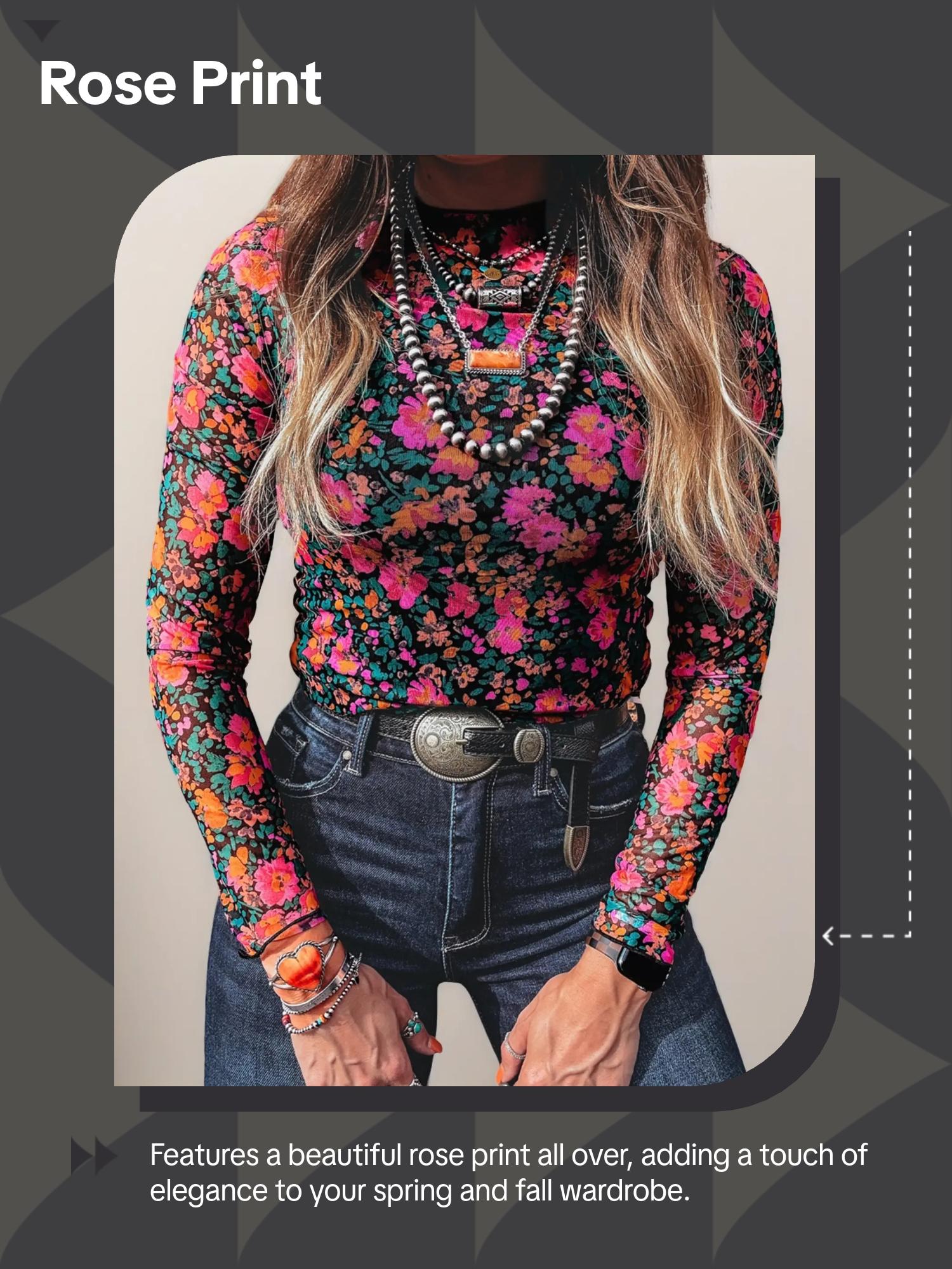 Spring & Fall Women's Rose Print Mesh Long Sleeve Stand Collar Fitted Top, Stylish and Comfortable Casual Wear, Perfect for Daily Use
